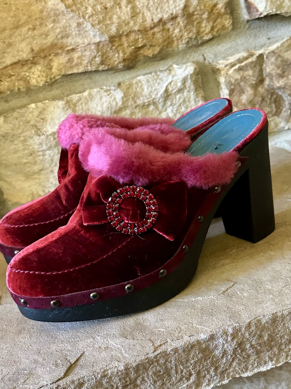 Via Spiga Velvet Clog Heels in Burgundy.